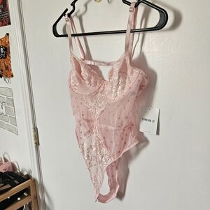 Forever 21 Pink Lace Heart Bodysuit with Spaghetti Straps